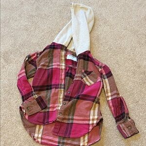 Old Navy Red and Brown Plaid Kids Button Down Shirt with Hood